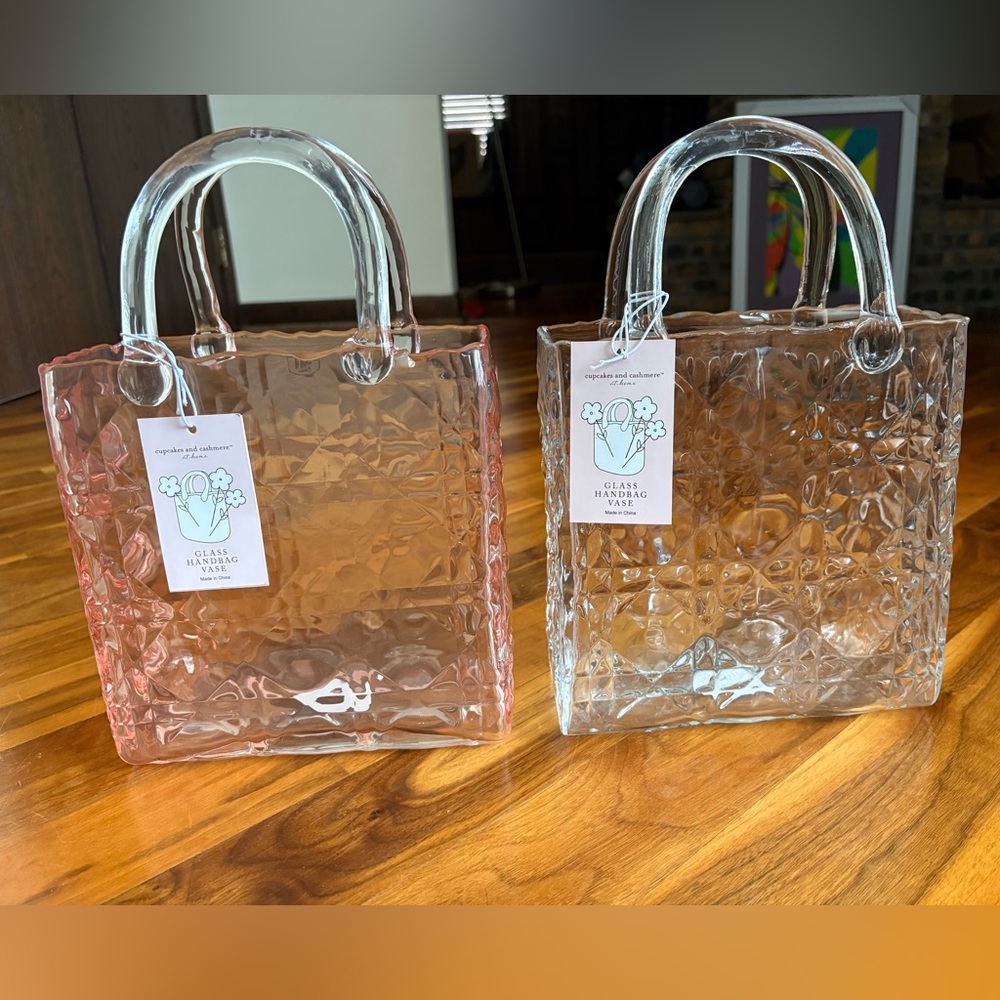 Cupcakes & Cashmere Glass LADY DIOR INSPIRED Tote Bag Vase, NEW